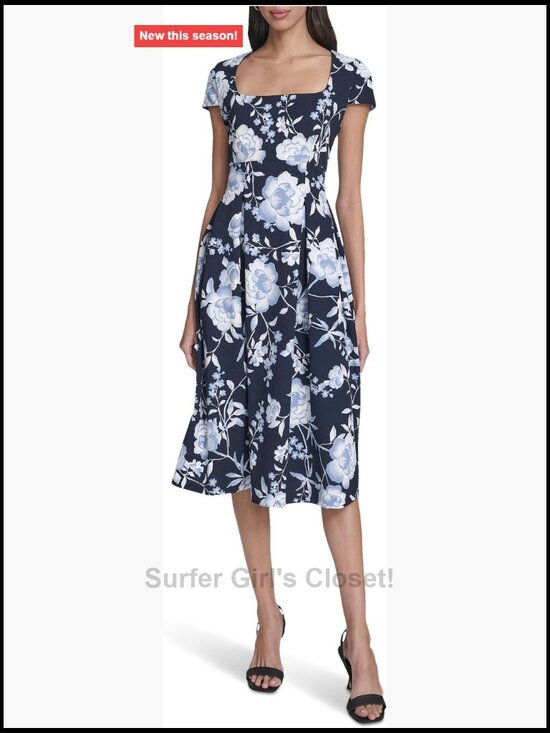 Dresses & Skirts - Floral Pleated Midi A-Line Dress Square Neck Short Sleeve